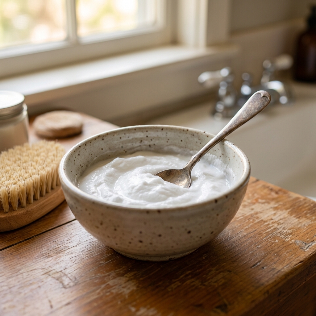 A small ceramic bowl with baking soda paste and a spoon on a bathroom counter