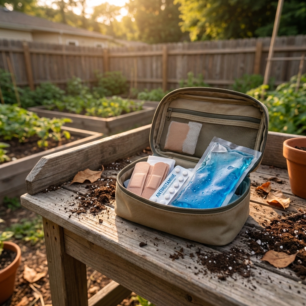 A small first aid kit open on a potting bench with bandages, antihistamine tablets, and a cold pack