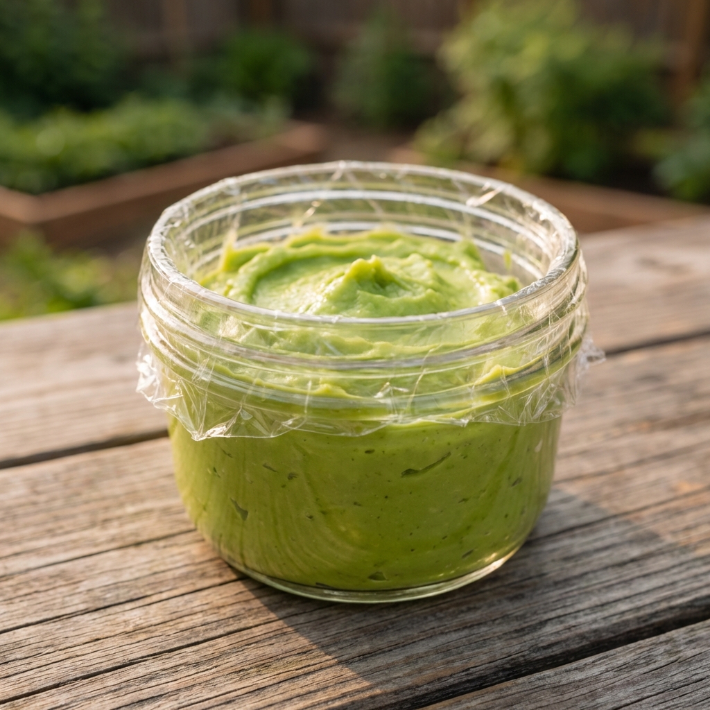 A small glass container of mashed avocado with a smooth surface and plastic wrap pressed tightly against it