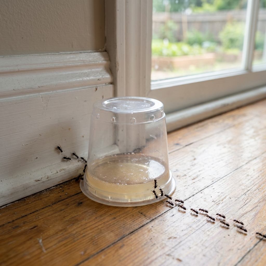 A small homemade bait station made from a plastic container placed along a baseboard near an ant trail