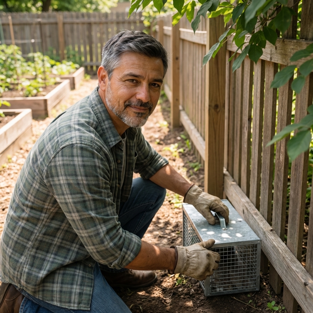 A small metal live trap placed along a garden fence line in partial shade