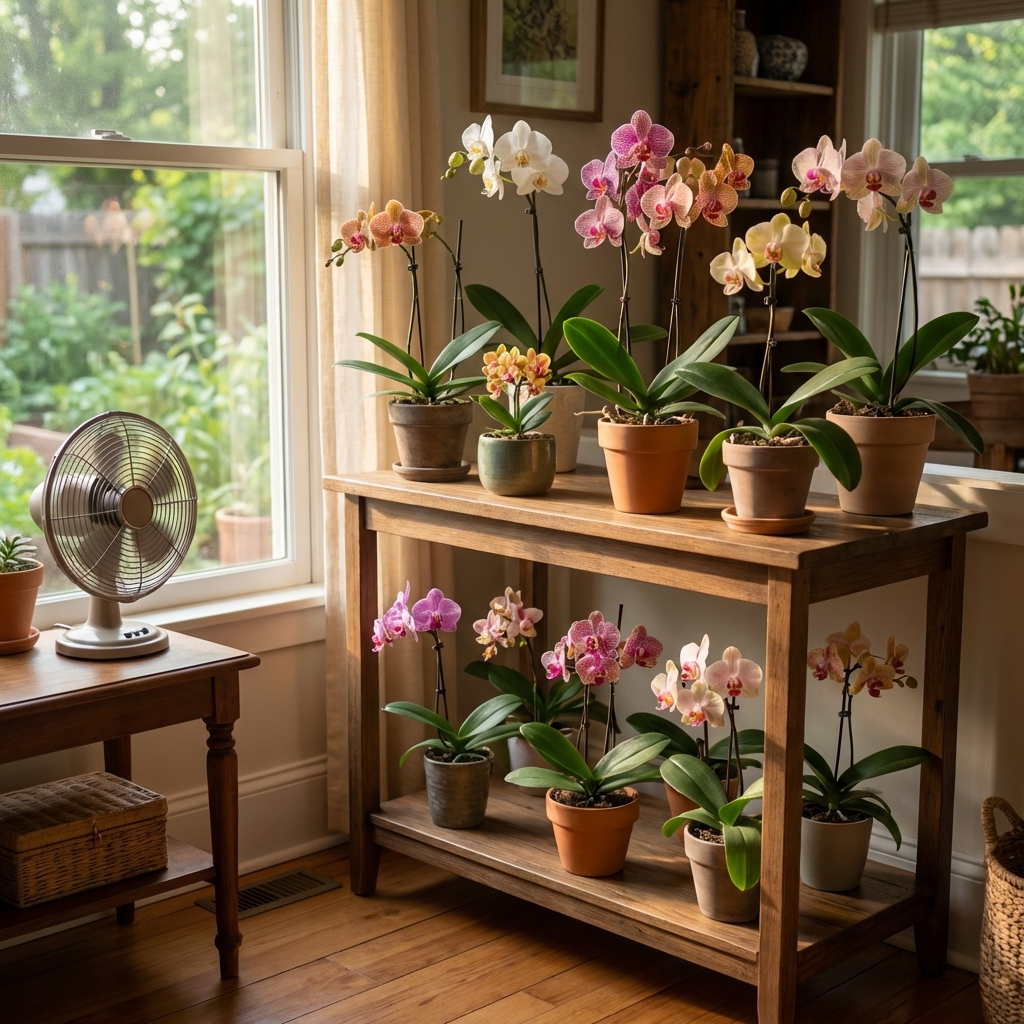 A small orchid shelf near an east-facing window with gentle daylight and a small fan nearby