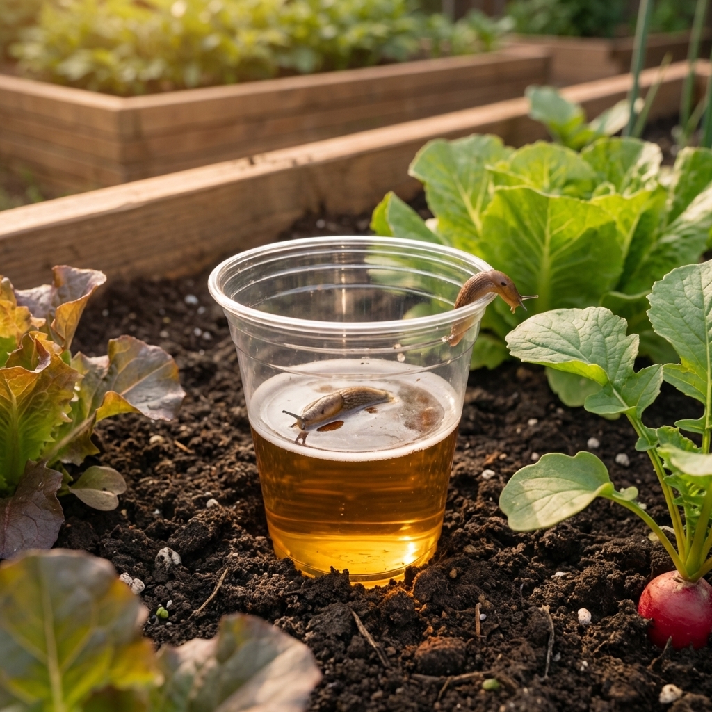 A small plastic cup buried at soil level in a vegetable bed, partially filled with beer, with garden leaves nearby