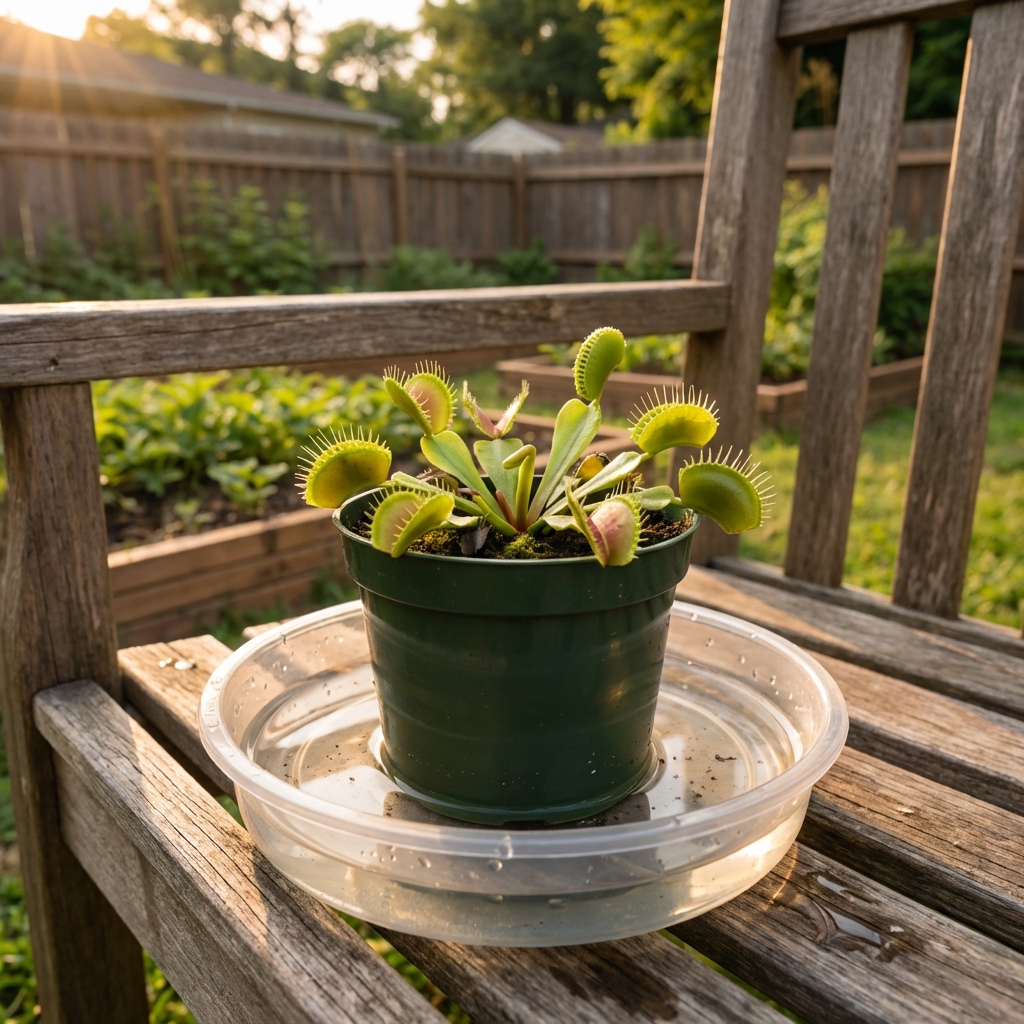A small plastic pot with a Venus flytrap sitting in a shallow tray with water