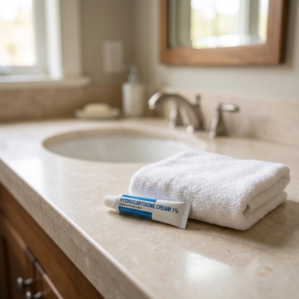 A small tube of hydrocortisone cream next to a clean washcloth on a bathroom counter