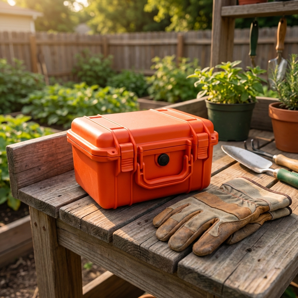 A small waterproof first aid container sitting on a potting bench next to gardening gloves