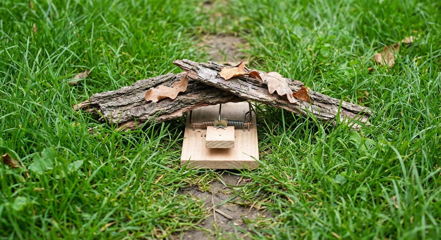 A snap trap set in a grassy vole runway with a light cover placed over it