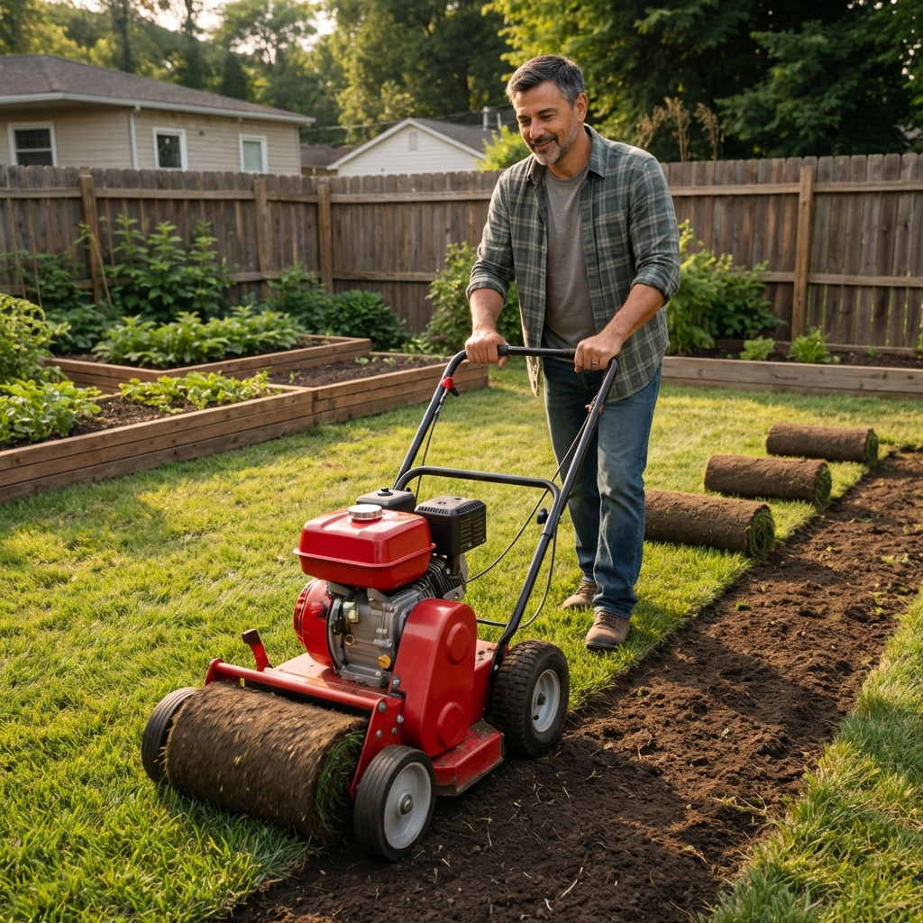 A sod cutter removing an old lawn in long strips on a suburban yard