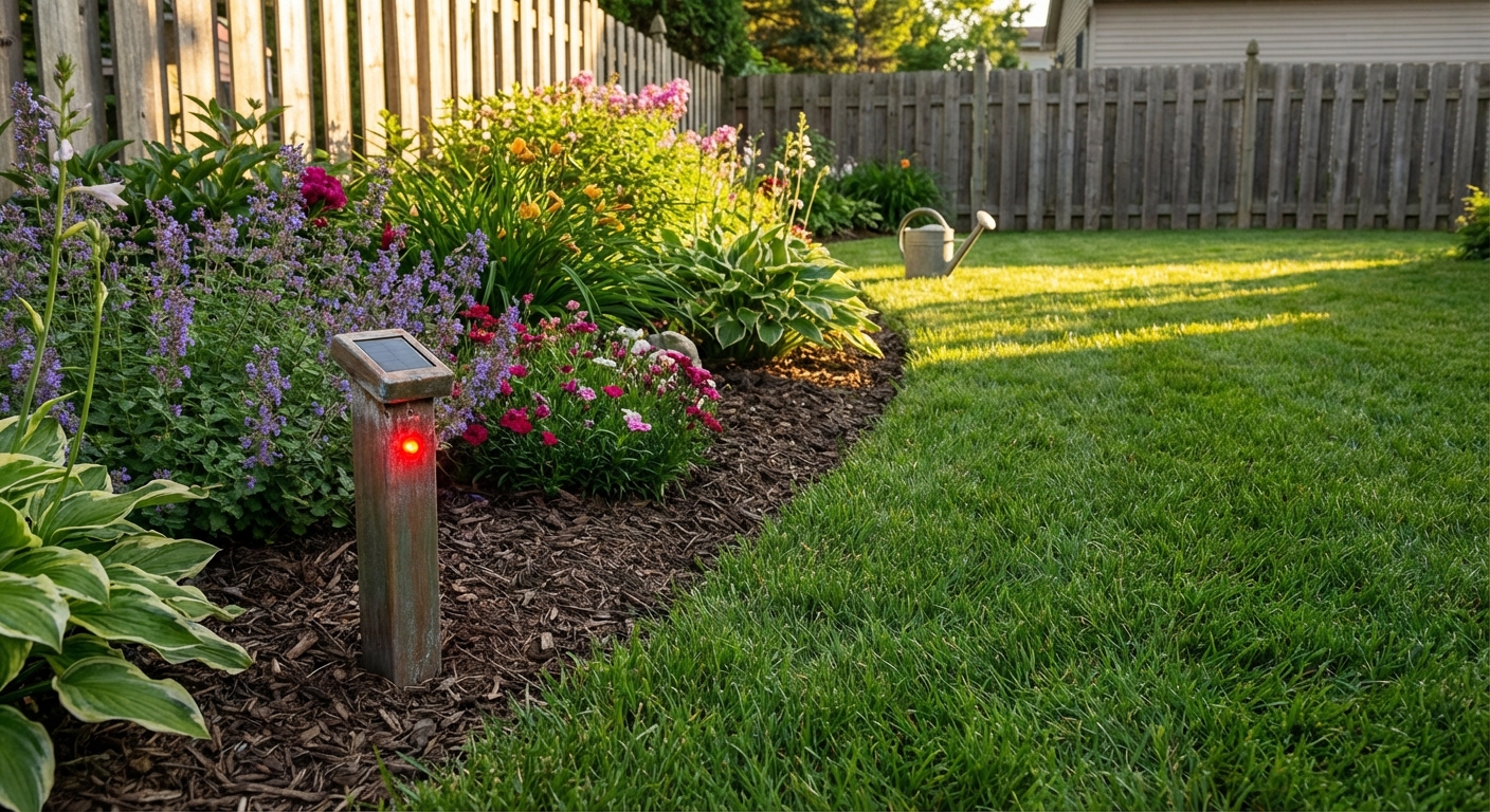 A solar-powered vibration stake installed in a garden border next to a lawn, evening light, realistic backyard setting