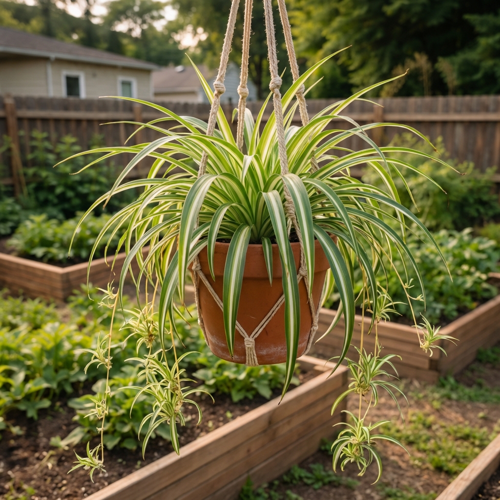 A spider plant in a hanging pot with arching leaves and several baby plantlets