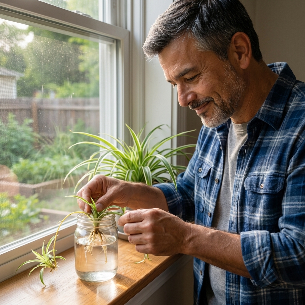 A spider plant runner with a baby spiderette being placed into a small jar of water on a windowsill
