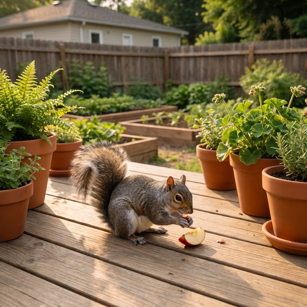 A squirrel on a patio picking up a small slice of apple near potted plants