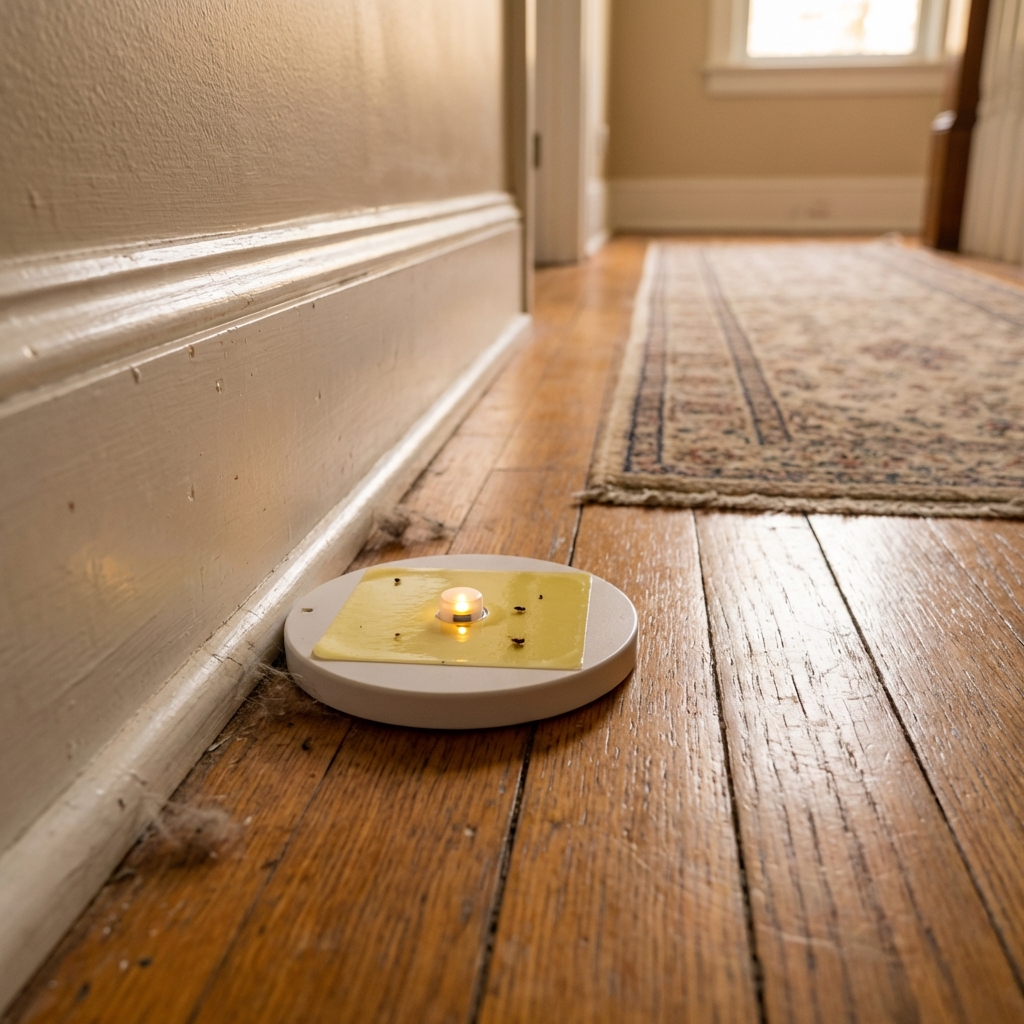 A sticky flea trap on a hardwood floor near a baseboard in a home hallway