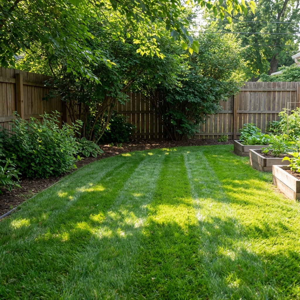 A sunny backyard with a freshly mowed lawn and a shaded area under shrubs