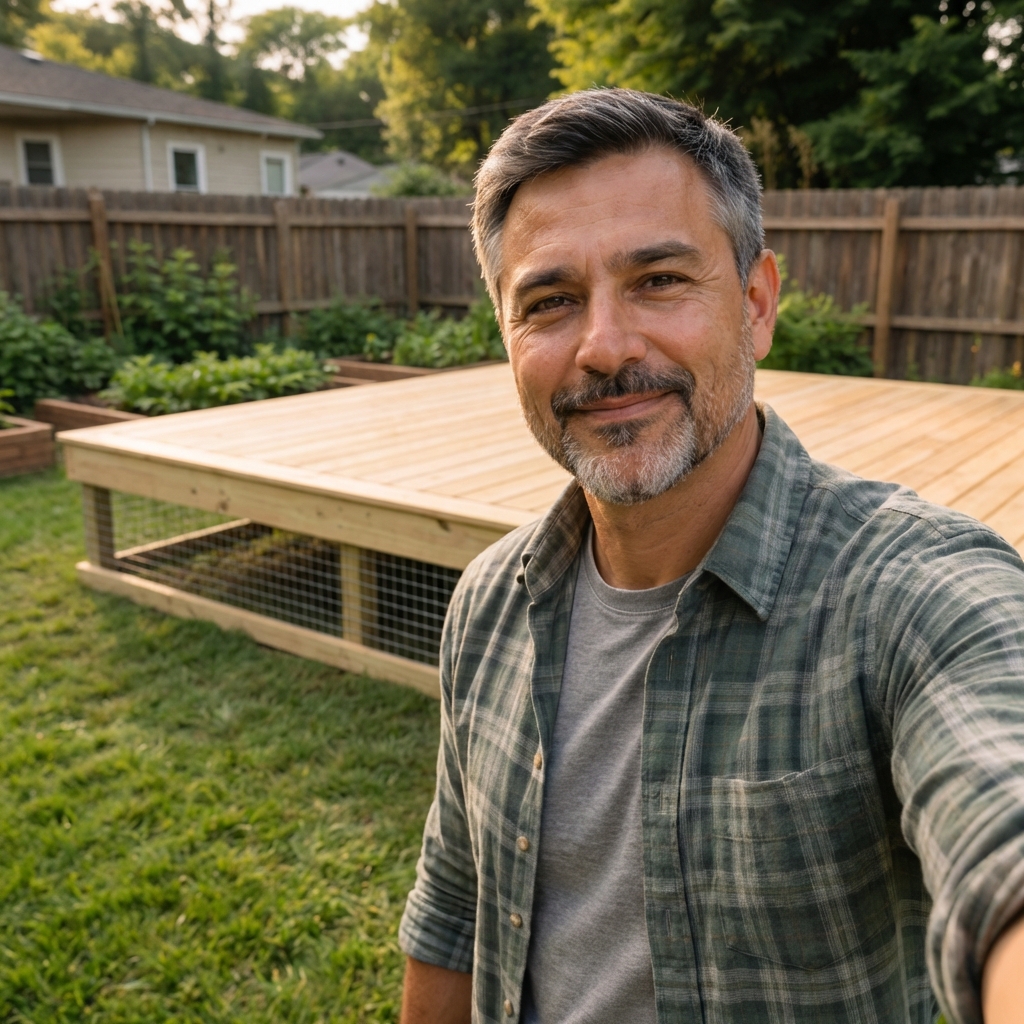 A tidy backyard with a raised deck and wire mesh skirting installed along the bottom edge