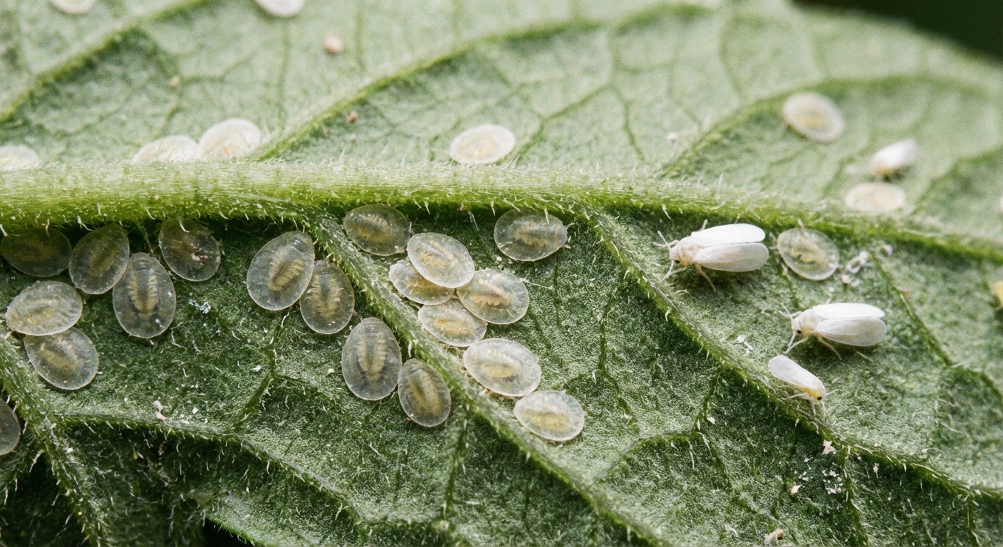 A tight close up photo of the underside of a tomato leaf showing several whitefly nymphs as translucent oval discs near the leaf veins, with a few adults nearby