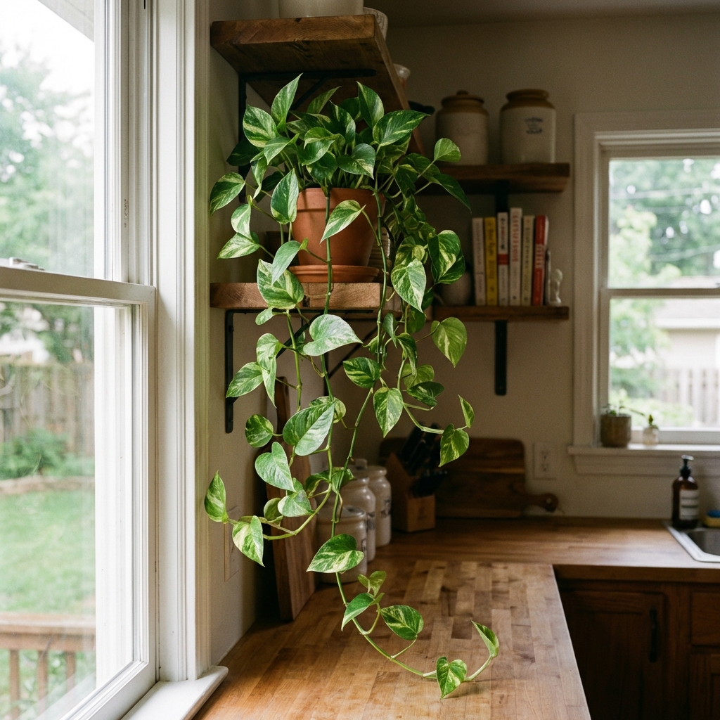 A trailing pothos vine draping from a shelf in a kitchen with indirect daylight