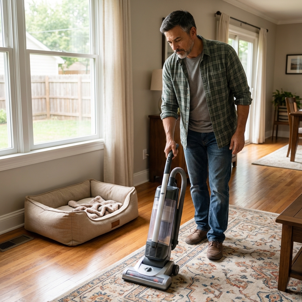 A vacuum cleaner being used on a living room rug with a dog bed nearby