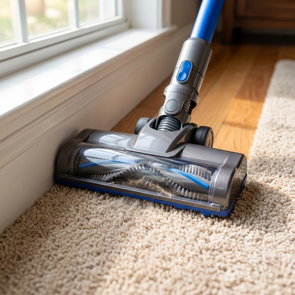 A vacuum cleaner head cleaning the edge of a living room carpet near a baseboard