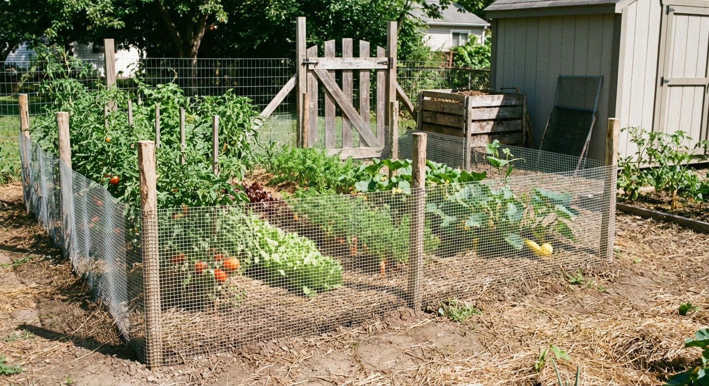 A vegetable garden bordered with a low hardware cloth fence attached to wooden stakes, with the mesh extending into the soil at the base, realistic backyard photo