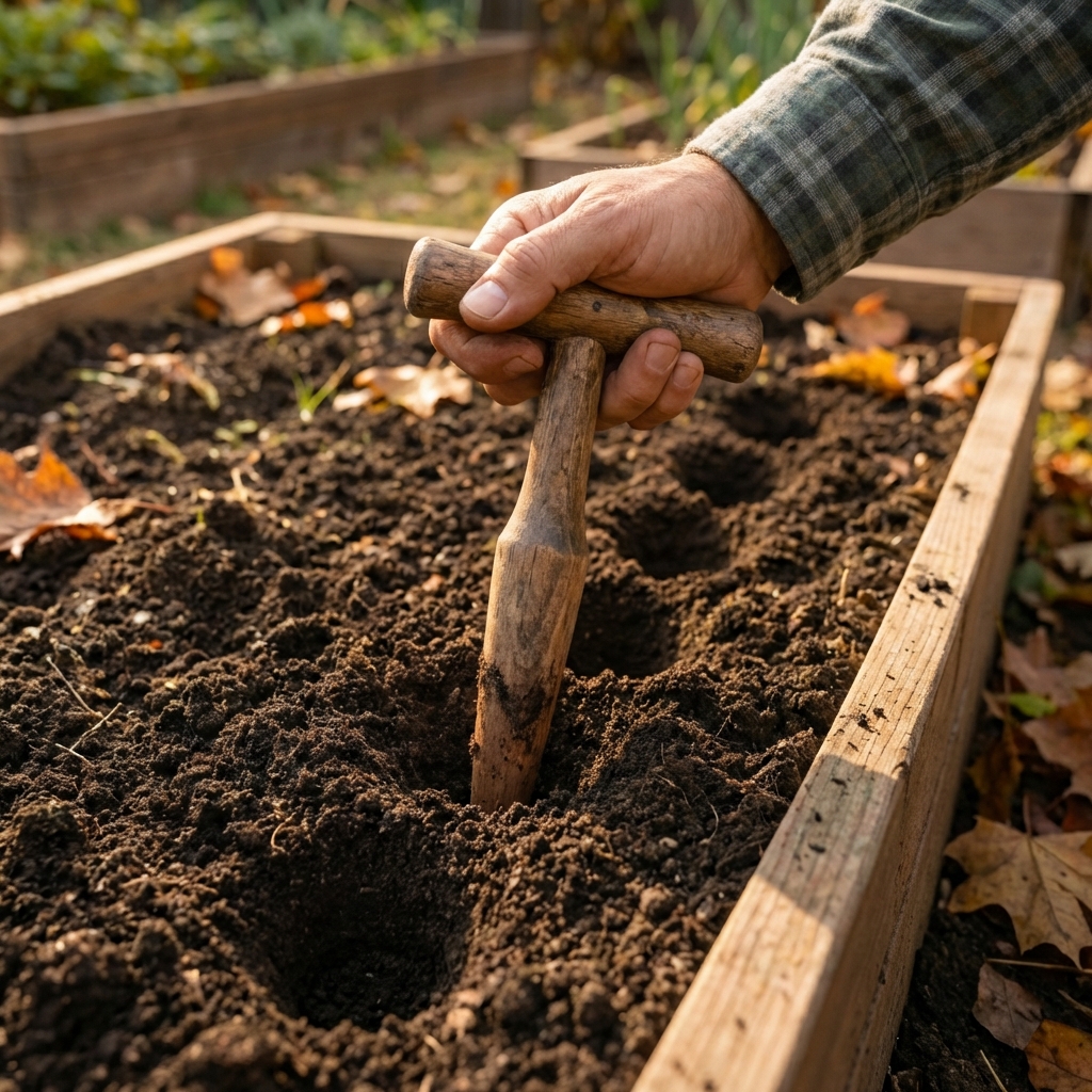A wooden dibber in a garden bed creating evenly spaced planting holes in dark soil