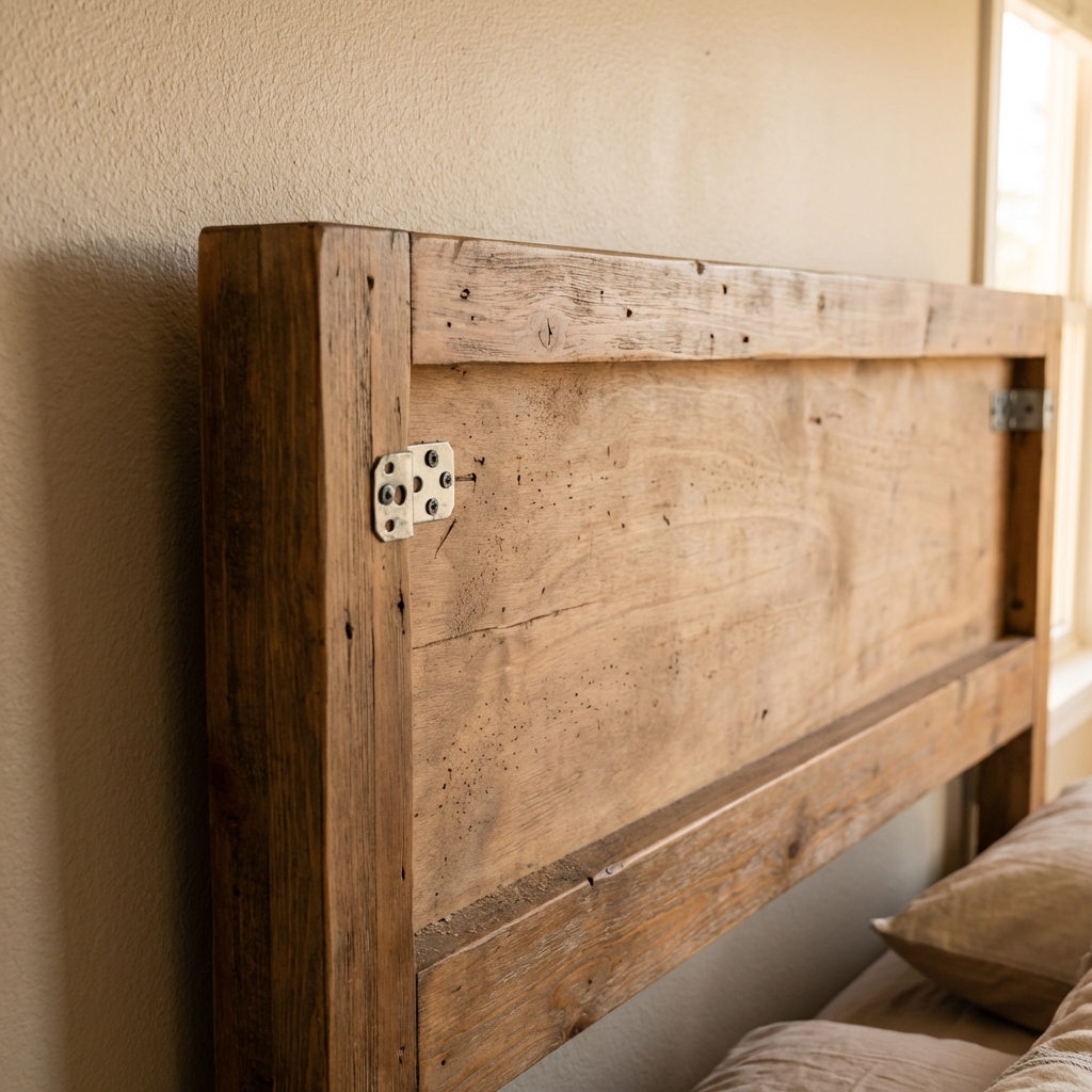 A wooden headboard slightly pulled away from the wall showing the back surface and mounting points