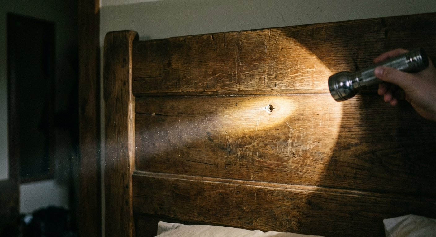 A wooden headboard with a flashlight beam aimed into a screw hole