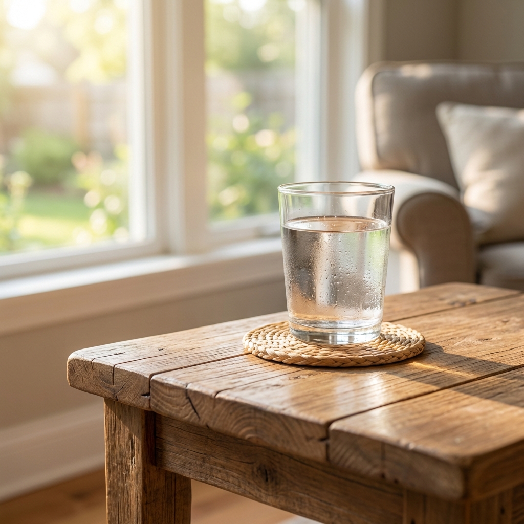 A wooden side table with a coaster under a glass of water in a bright living room