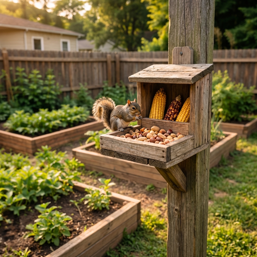 A wooden squirrel feeder mounted on a post near the edge of a backyard