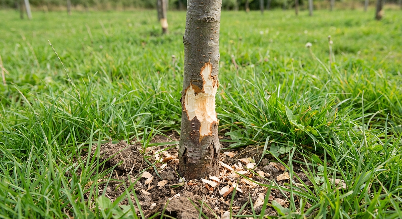 A young fruit tree trunk with fresh gnaw marks and missing bark near the ground