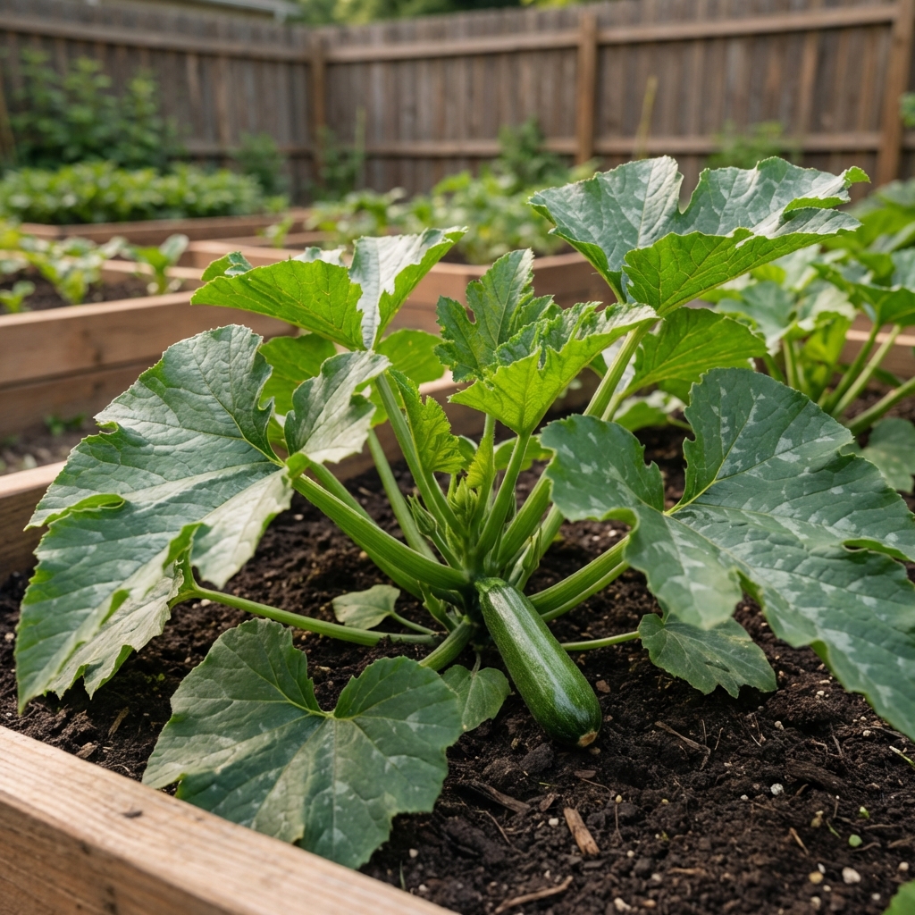 A zucchini plant with one small zucchini fruit forming near the base and large green leaves