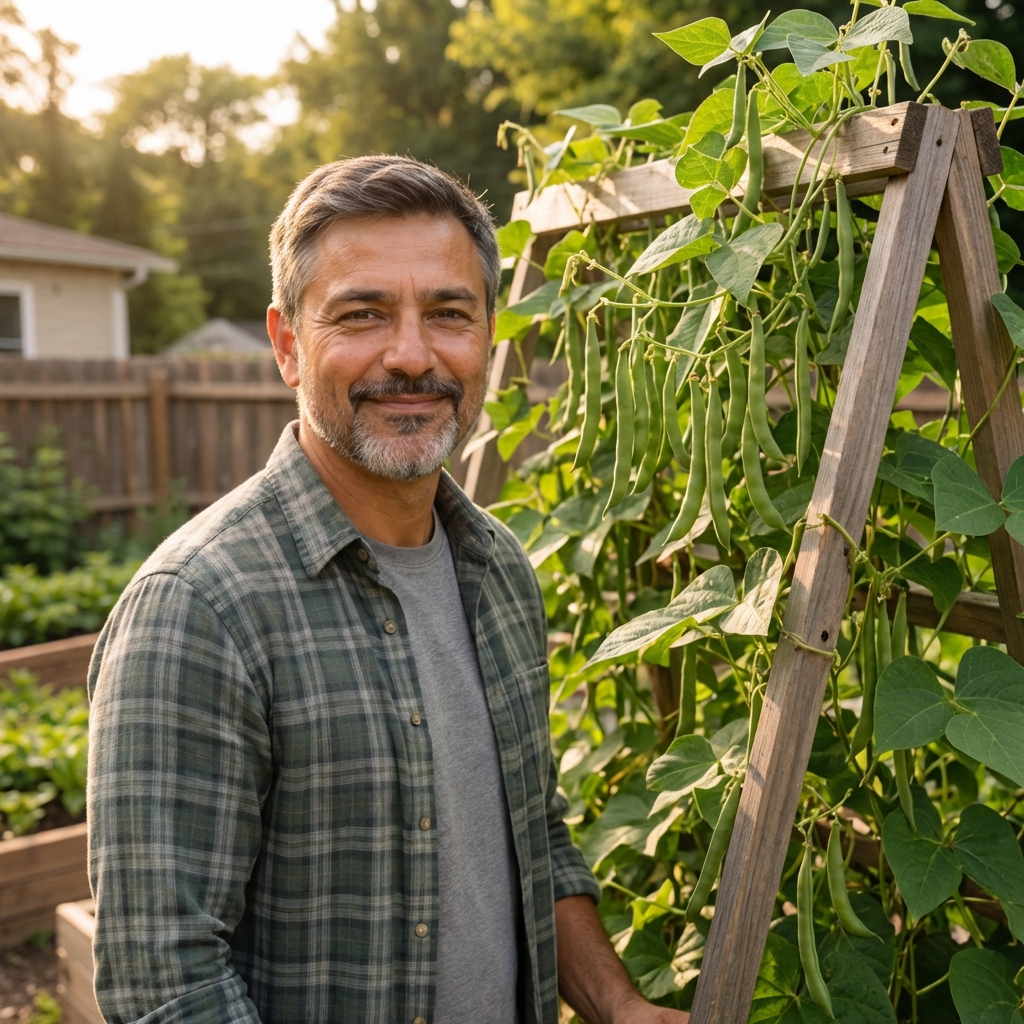 An A-frame trellis covered in pole bean vines with green pods hanging at eye level