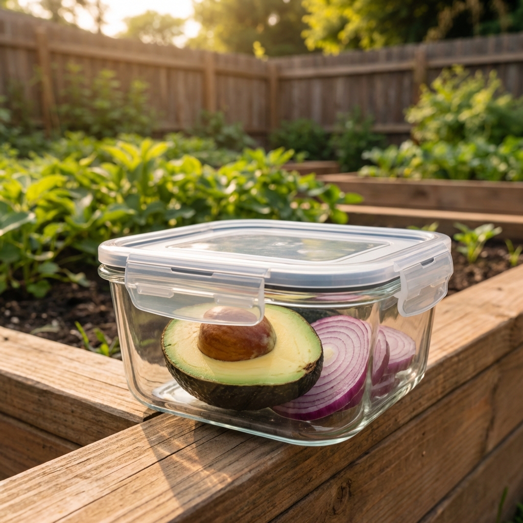 An airtight container holding a halved avocado and a few slices of red onion
