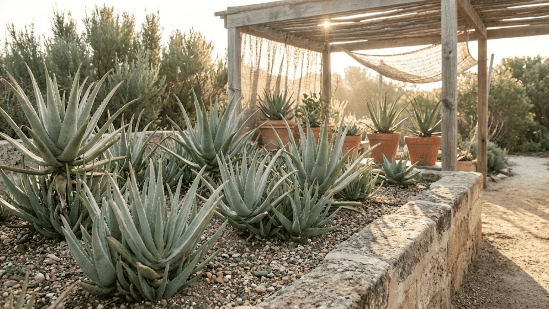 An aloe vera plant growing outdoors in a raised gravel bed next to a sunny garden path
