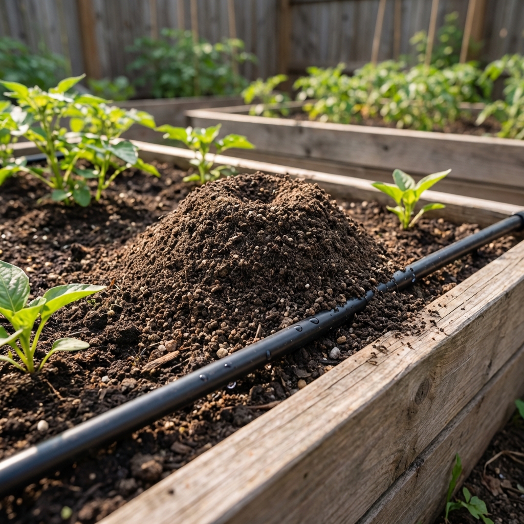 An ant mound in a raised garden bed near a drip line