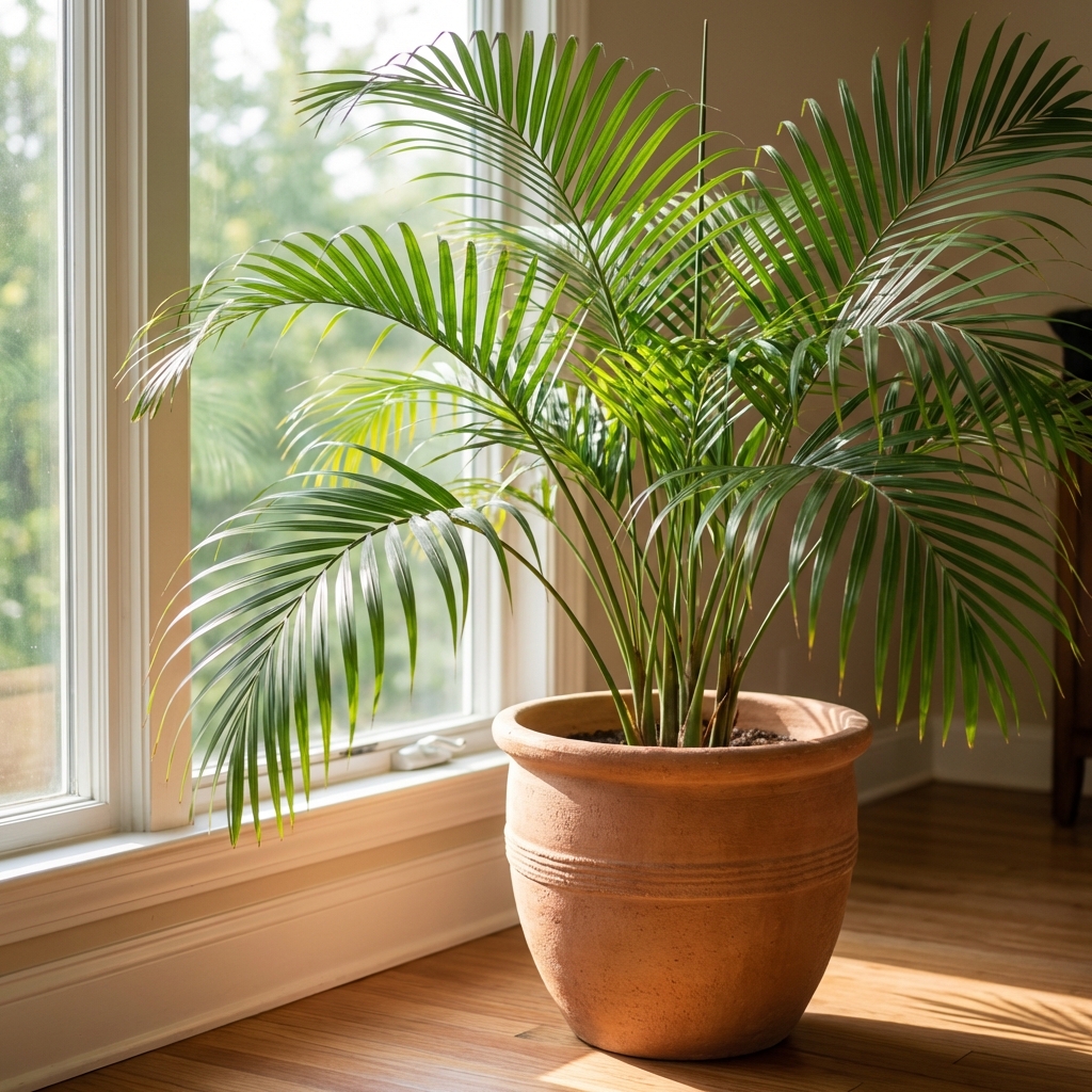 An areca palm with arching fronds in a large pot near a bright window