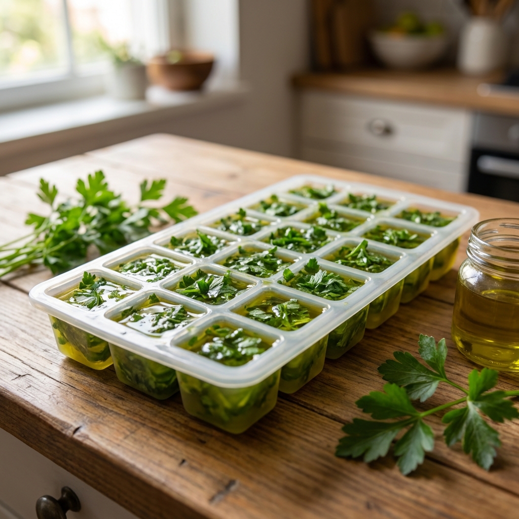 An ice cube tray filled with chopped parsley and olive oil on a kitchen counter