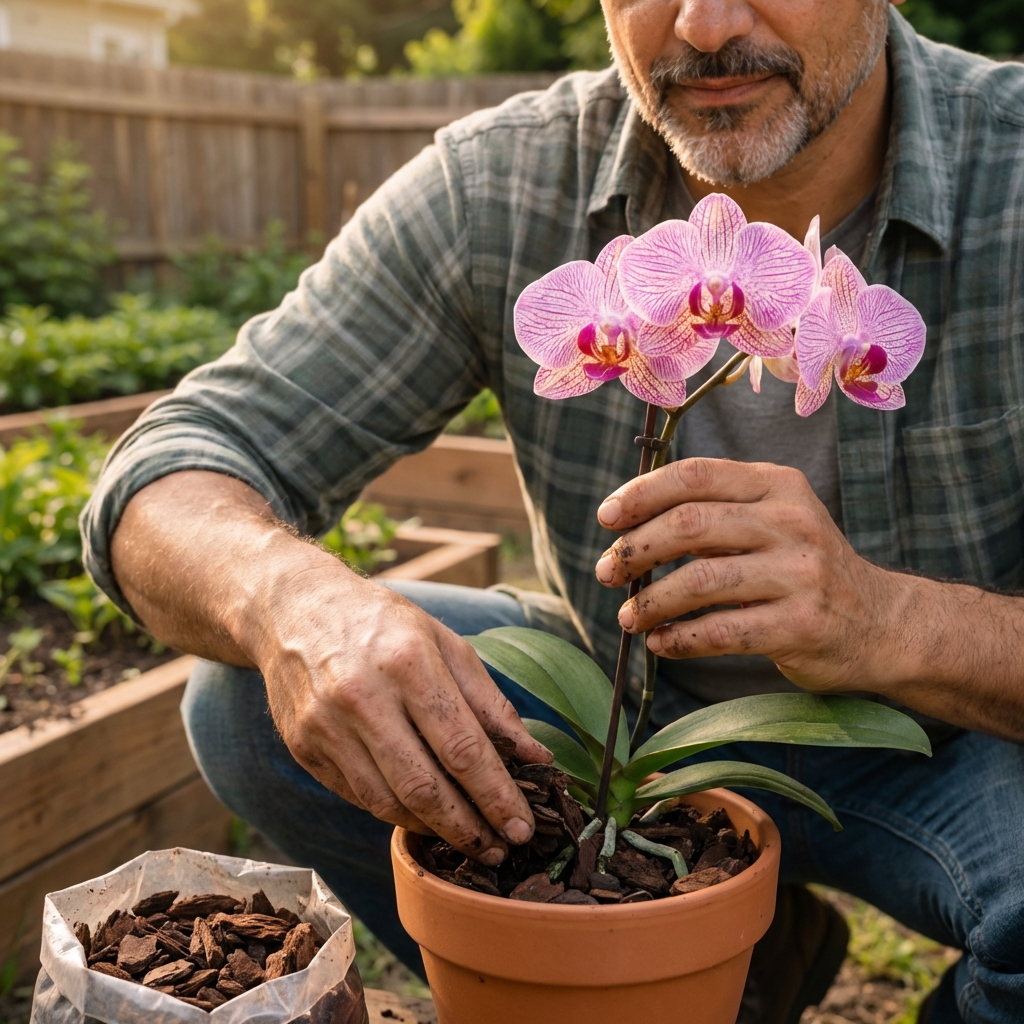 An orchid held steady in a pot while bark mix is added around the roots