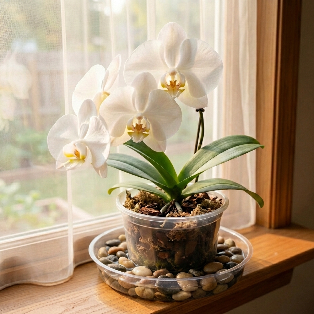 An orchid pot sitting on a pebble tray with a small amount of water visible below the stones