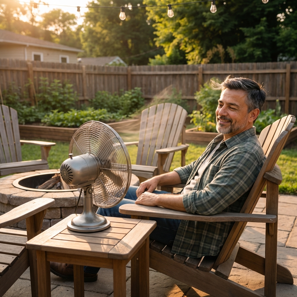 An outdoor patio seating area with a small fan blowing across chairs in early evening