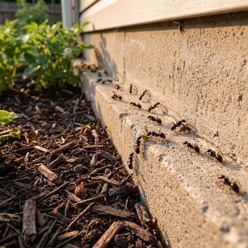 Ants moving along a concrete foundation next to a mulched garden bed