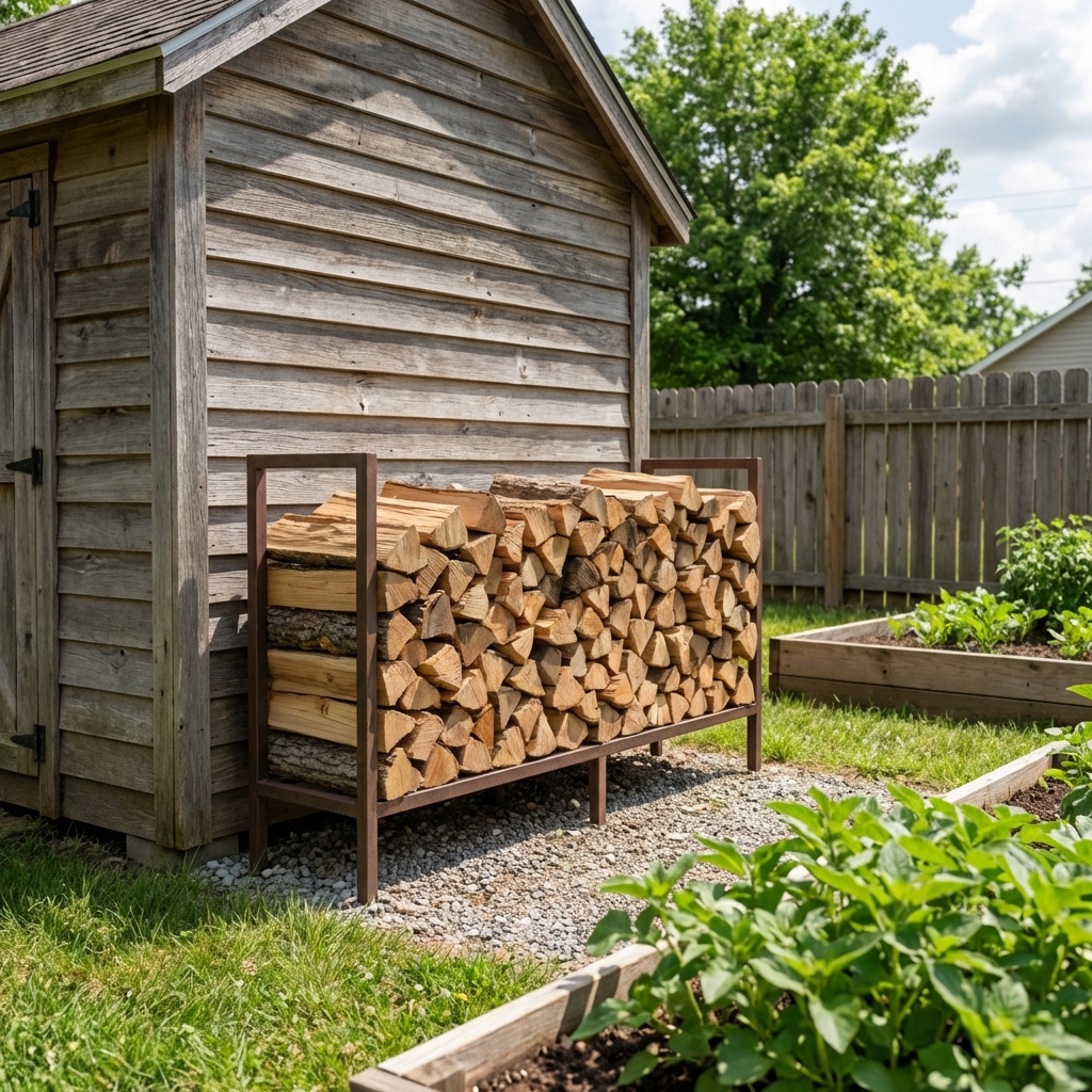 Backyard with a neatly stacked firewood pile on a raised rack away from a shed