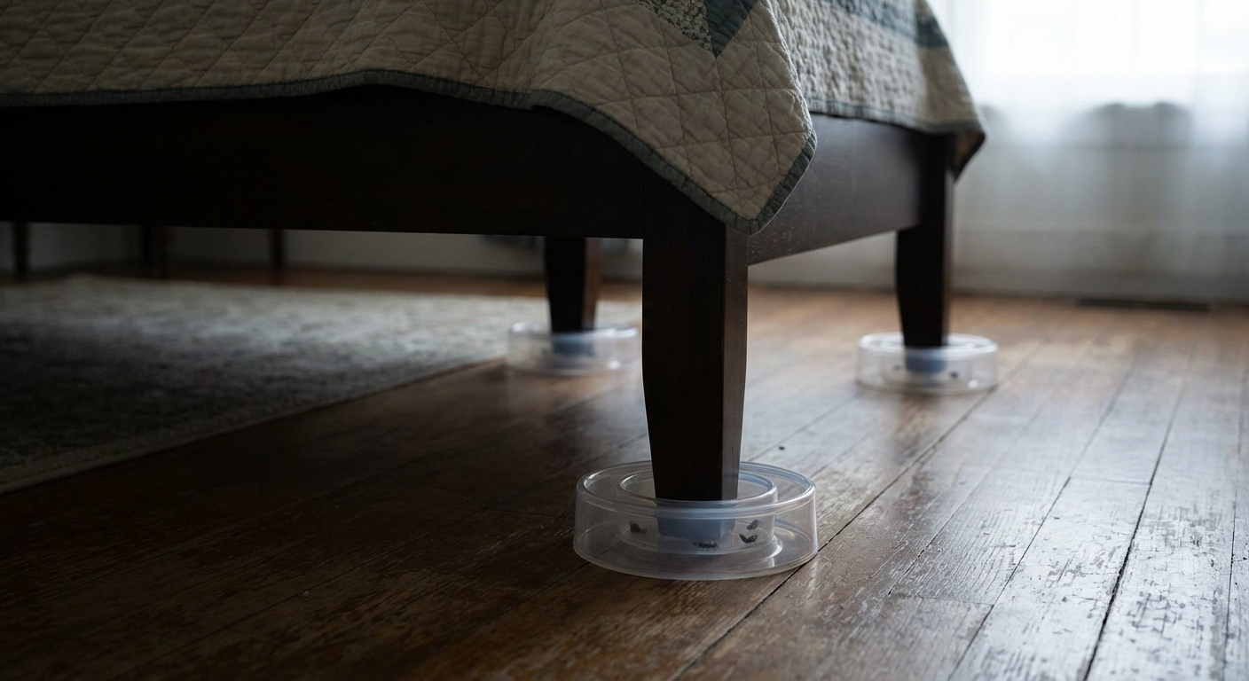 Bed bug interceptor cups placed under the legs of a bed in a bedroom