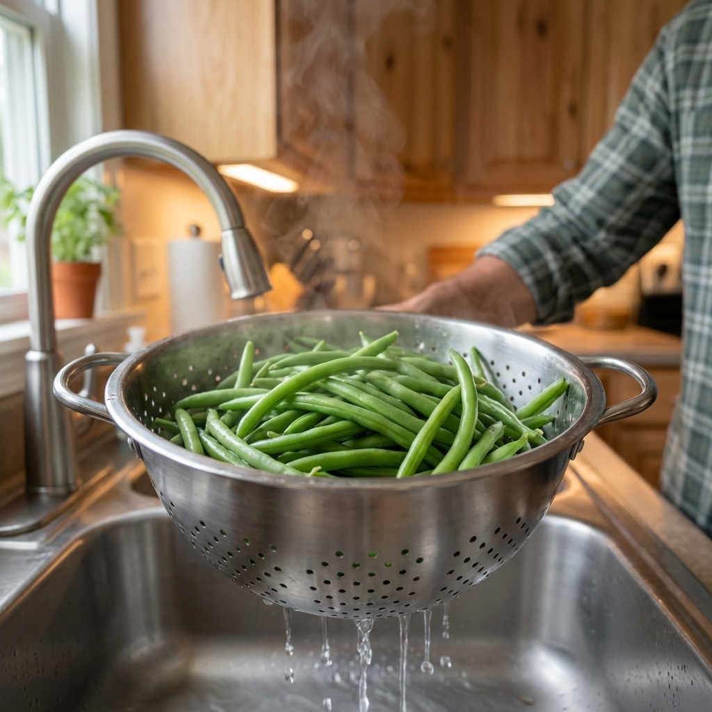 Blanched green beans draining in a colander over a sink