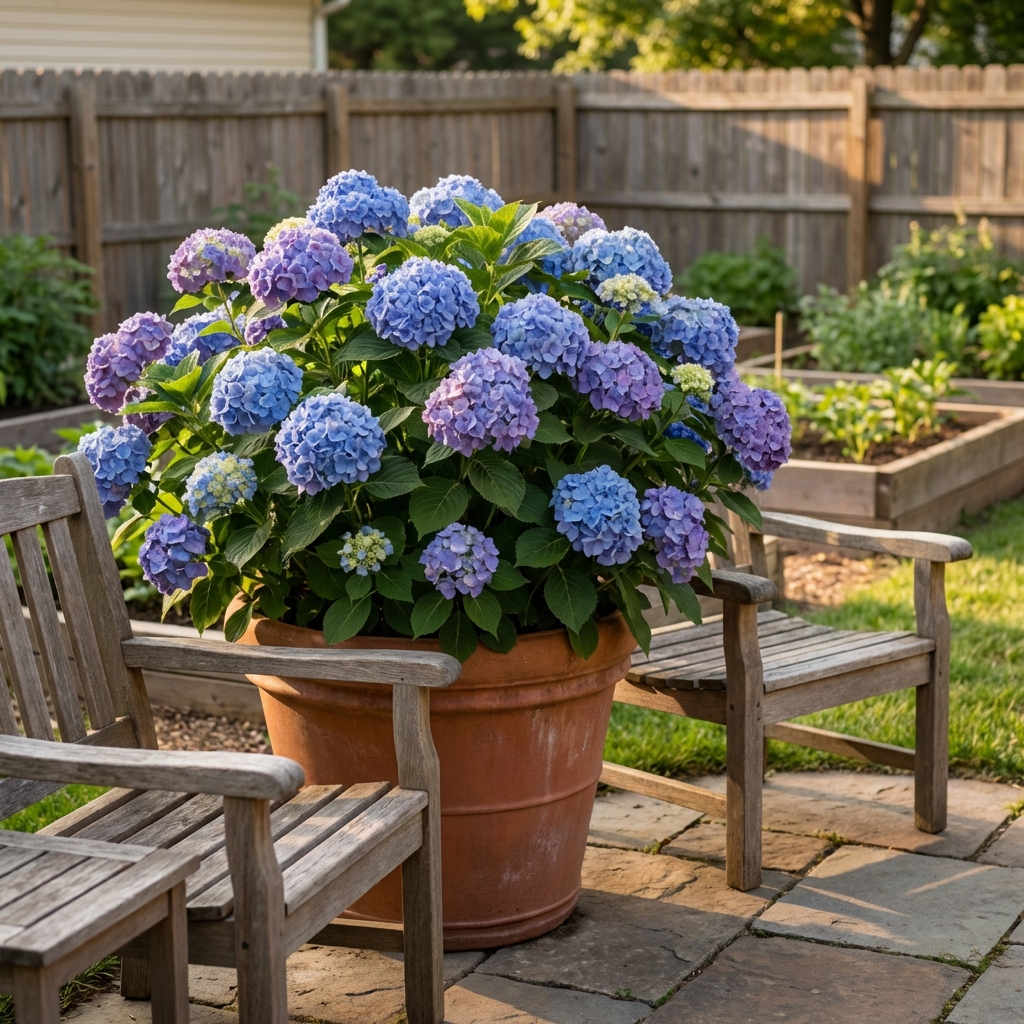 Blooming hydrangea in a large patio container next to outdoor seating