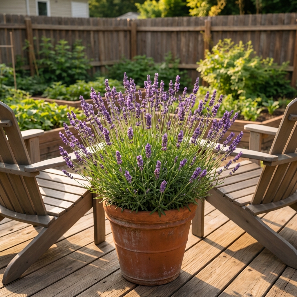Blooming lavender plant in a pot beside an outdoor seating area