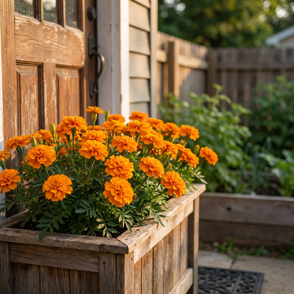 Bright orange marigolds blooming in a planter box next to a front door