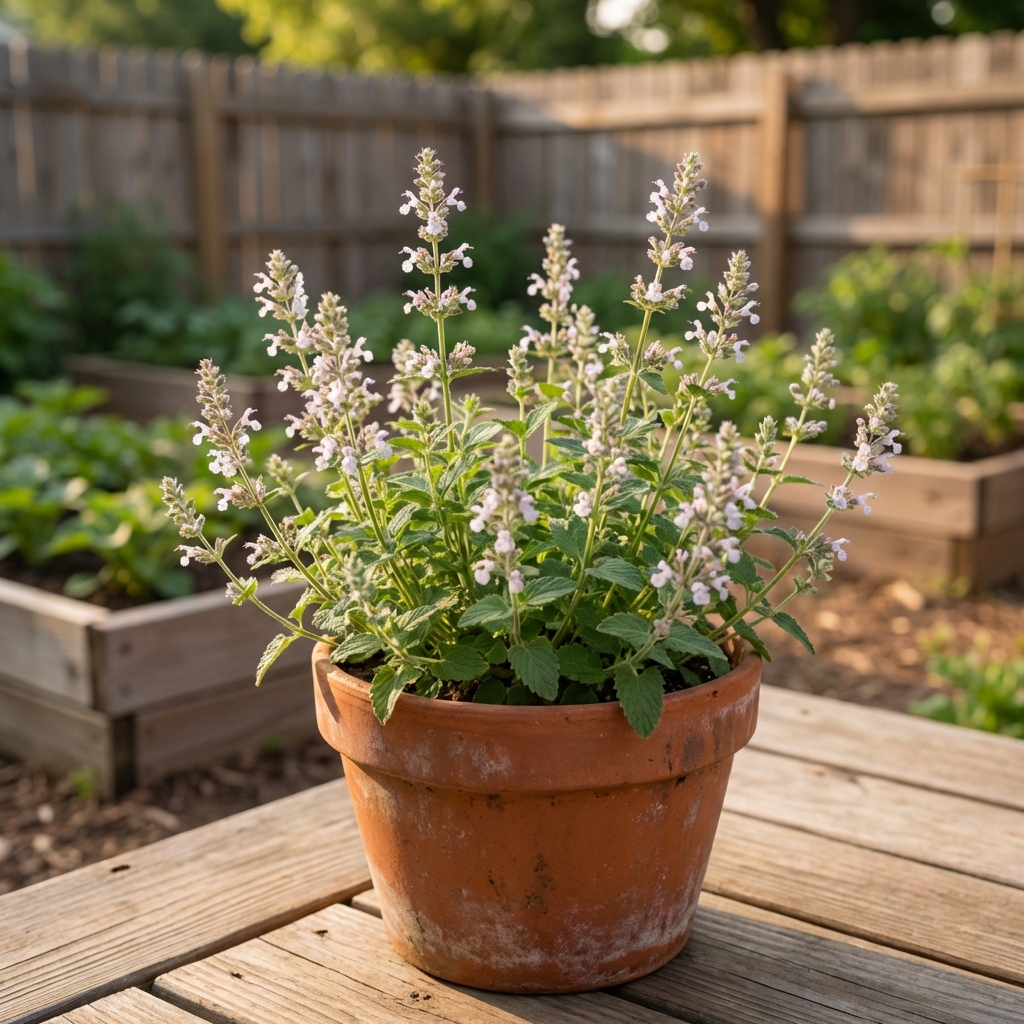 Catnip plant with small pale flowers growing in a patio container