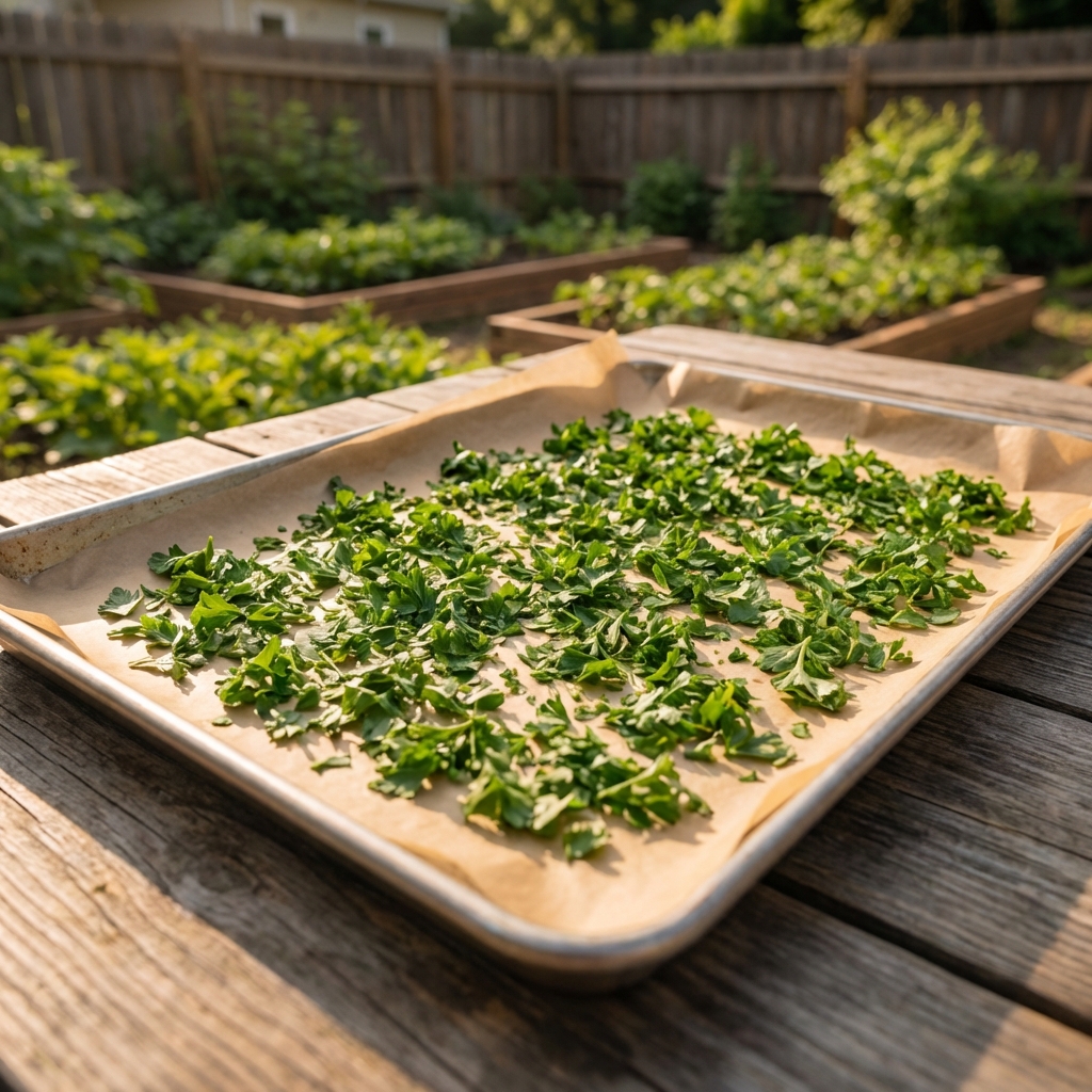 Chopped parsley spread in a thin layer on a baking sheet lined with parchment paper