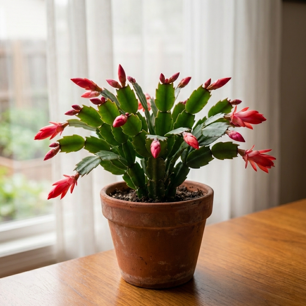 Christmas cactus on a table near a curtained window with soft indirect daylight